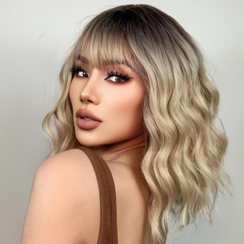 Golden Wavy Curly Hair Wig With Bangs 30 48 Cm Synthetic Fiber Women's Wig