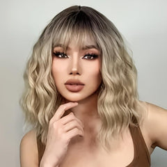Golden Wavy Curly Hair Wig With Bangs 30 48 Cm Synthetic Fiber Women's Wig