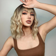Golden Wavy Curly Hair Wig With Bangs 30 48 Cm Synthetic Fiber Women's Wig