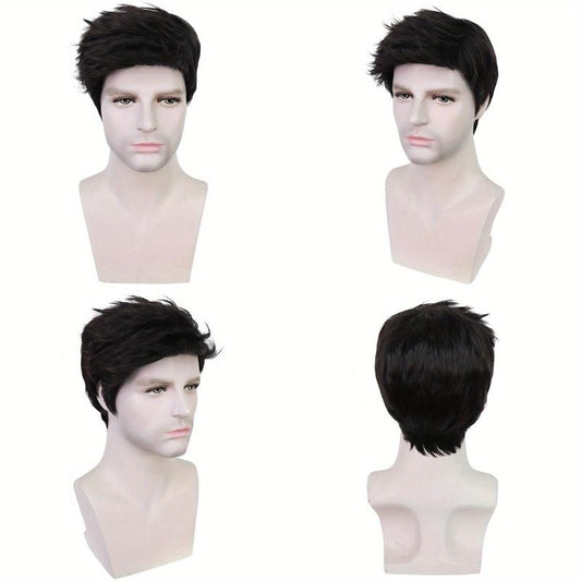 Short Straight Layered Male Wig Heat Resistant Synthetic Hair Replacement Wig