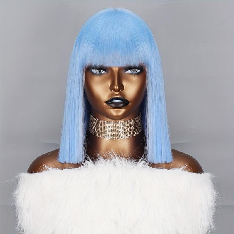 35 56 Cm Sky Straight Hair Bob Synthetic Fiber Wigs for Cosplay Party Halloween