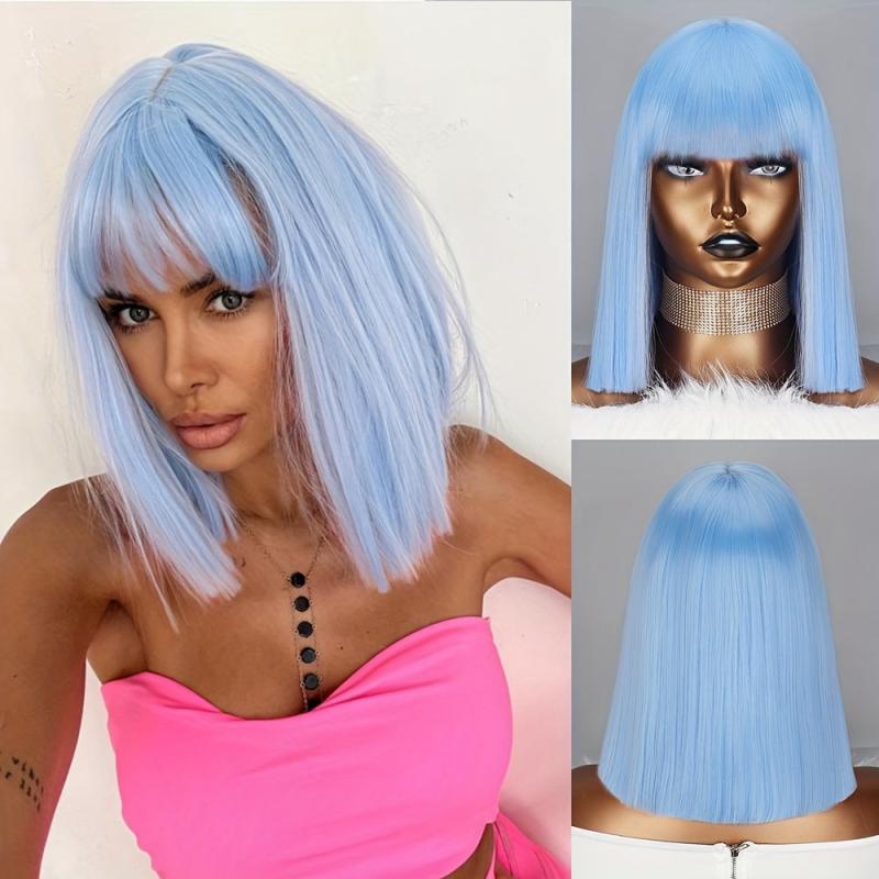 35 56 Cm Sky Straight Hair Bob Synthetic Fiber Wigs for Cosplay Party Halloween