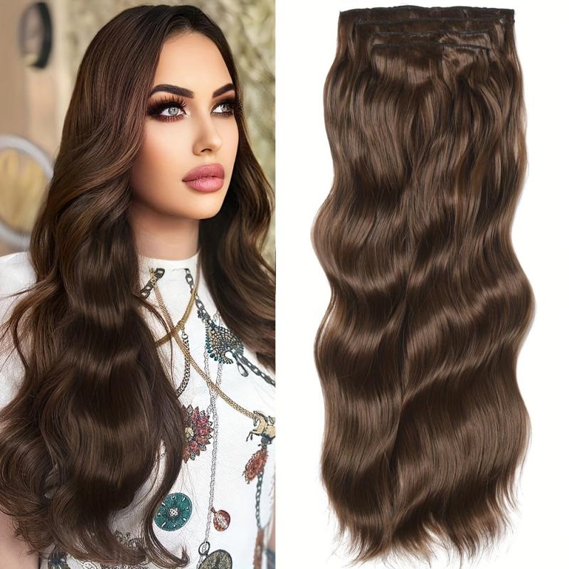 Long Body Wavy 11 Clip In Hair Extension 4Pcs Set Synthetic Hair Piece Brown