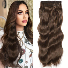 Long Body Wavy 11 Clip In Hair Extension 4Pcs Set Synthetic Hair Piece Brown