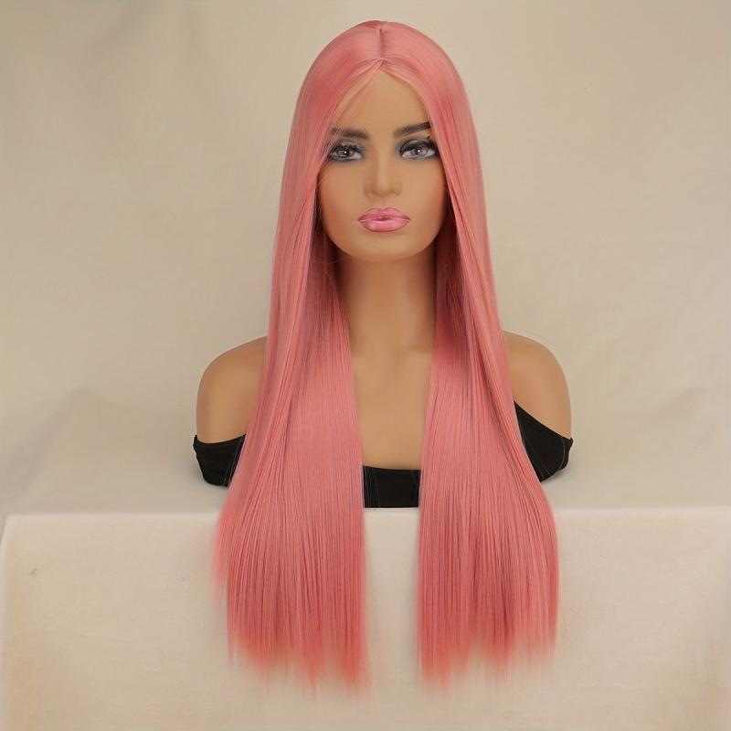66 04 Cm Pink Long Straight Hair Wigs Synthetic Fiber Hair Replacement Wigs