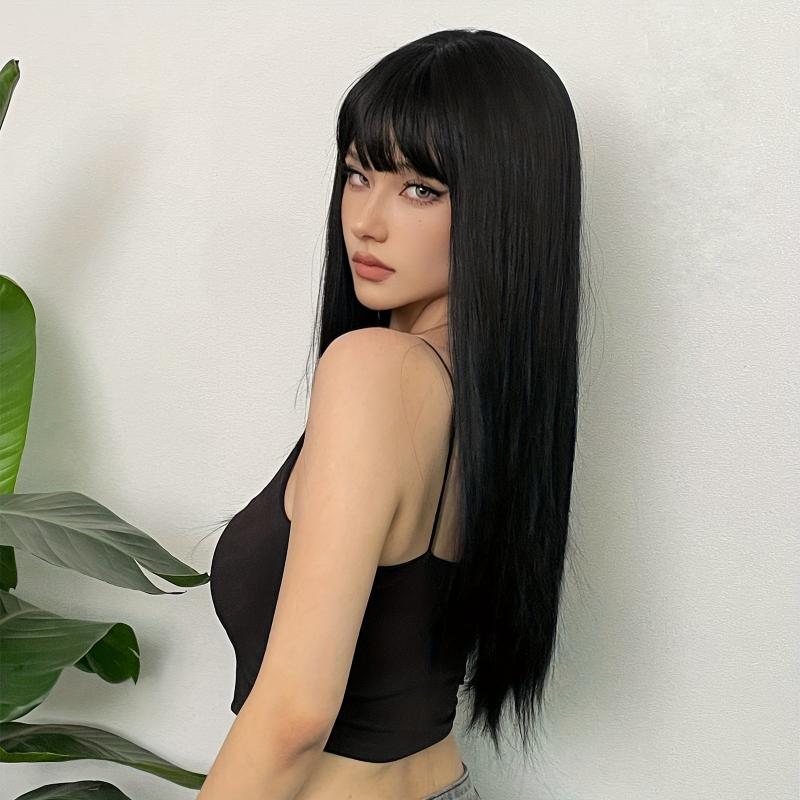 60 96 Cm Long Straight Hair Wigs With Bangs Synthetic Natural Look Hair Wigs