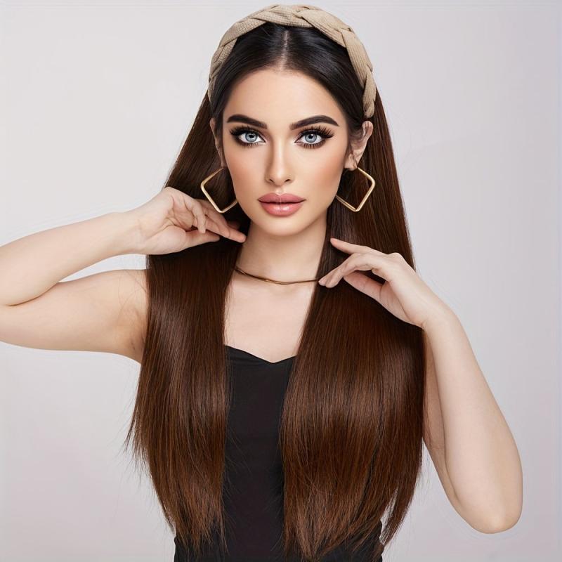 Brown Half Wig Headband Wig Long Straight Wigs With Headband Attached