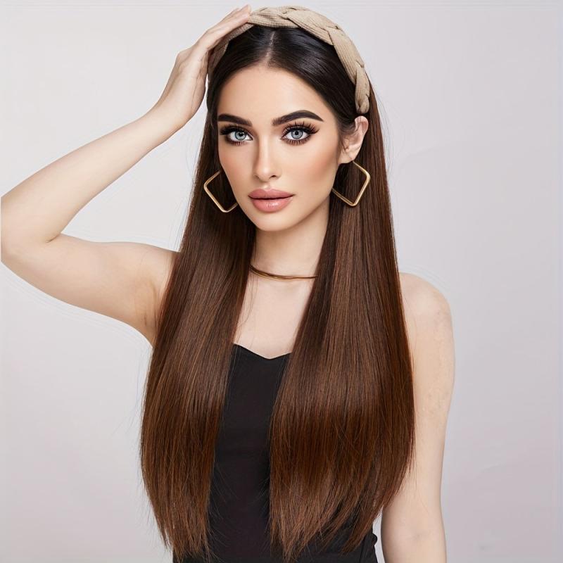 Brown Half Wig Headband Wig Long Straight Wigs With Headband Attached