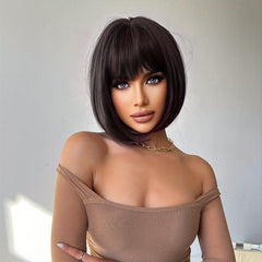 Dark Brown Straight Bob Wigs With Bangs Synthetic Hair