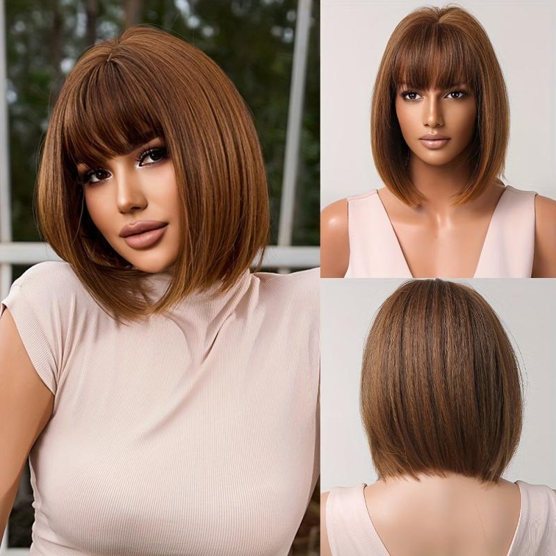 Dark Brown Straight Bob Wigs With Bangs Synthetic Hair
