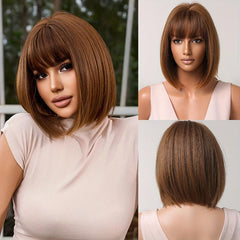 Dark Brown Straight Bob Wigs With Bangs Synthetic Hair