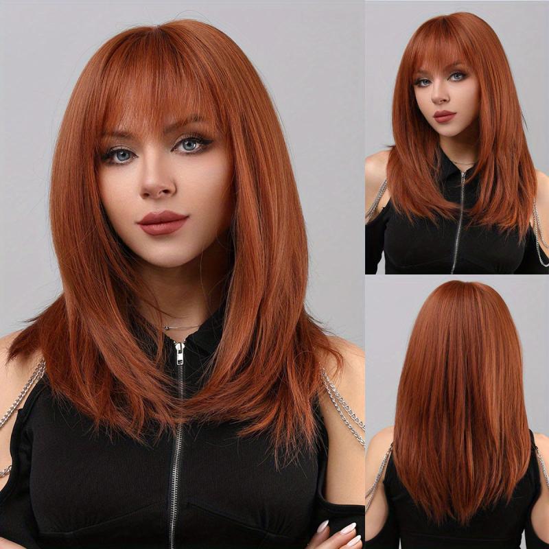 Orange 45 72 Cm Long Straihgt Hair Wigs With Bangs Synthetic Natural Looking