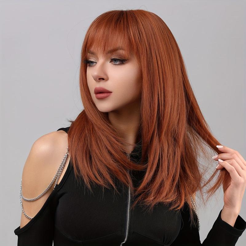 Orange 45 72 Cm Long Straihgt Hair Wigs With Bangs Synthetic Natural Looking