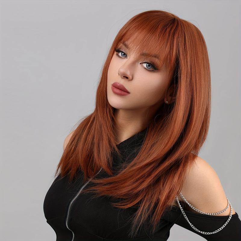Orange 45 72 Cm Long Straihgt Hair Wigs With Bangs Synthetic Natural Looking