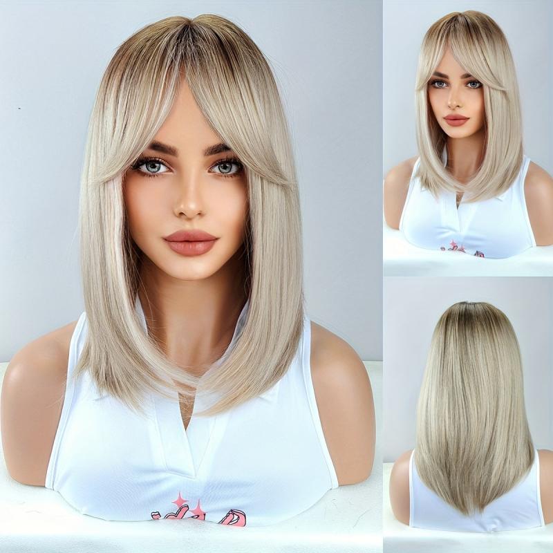 Orange 45 72 Cm Long Straihgt Hair Wigs With Bangs Synthetic Natural Looking