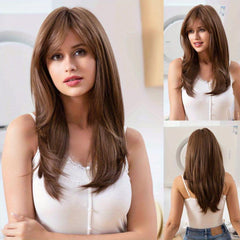 55 88 Cm Brown Long Wavy Layered Hair Wigs With Bangs Synthetic Fiber Hair Wigs