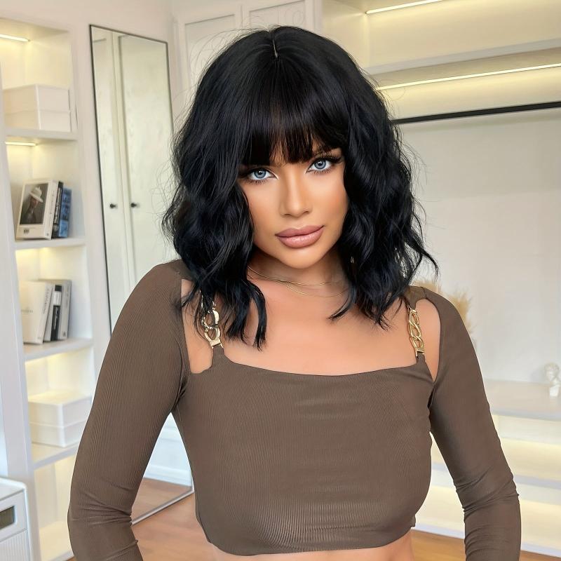Short Curly Bob Cut Wig With Bangs Synthetic Wig Heat Resistant