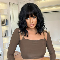Short Curly Bob Cut Wig With Bangs Synthetic Wig Heat Resistant