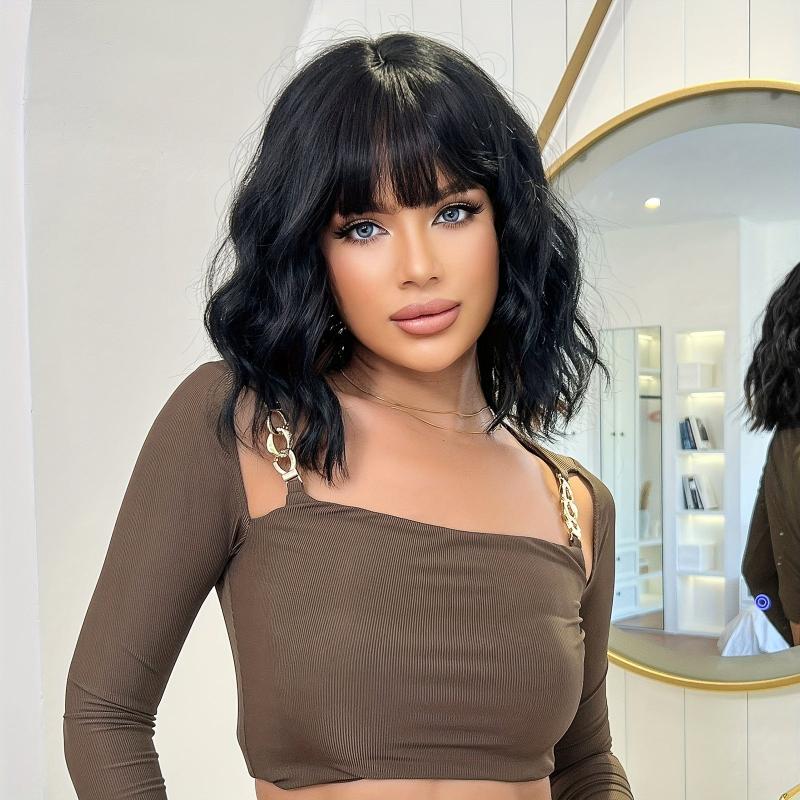 Short Curly Bob Cut Wig With Bangs Synthetic Wig Heat Resistant