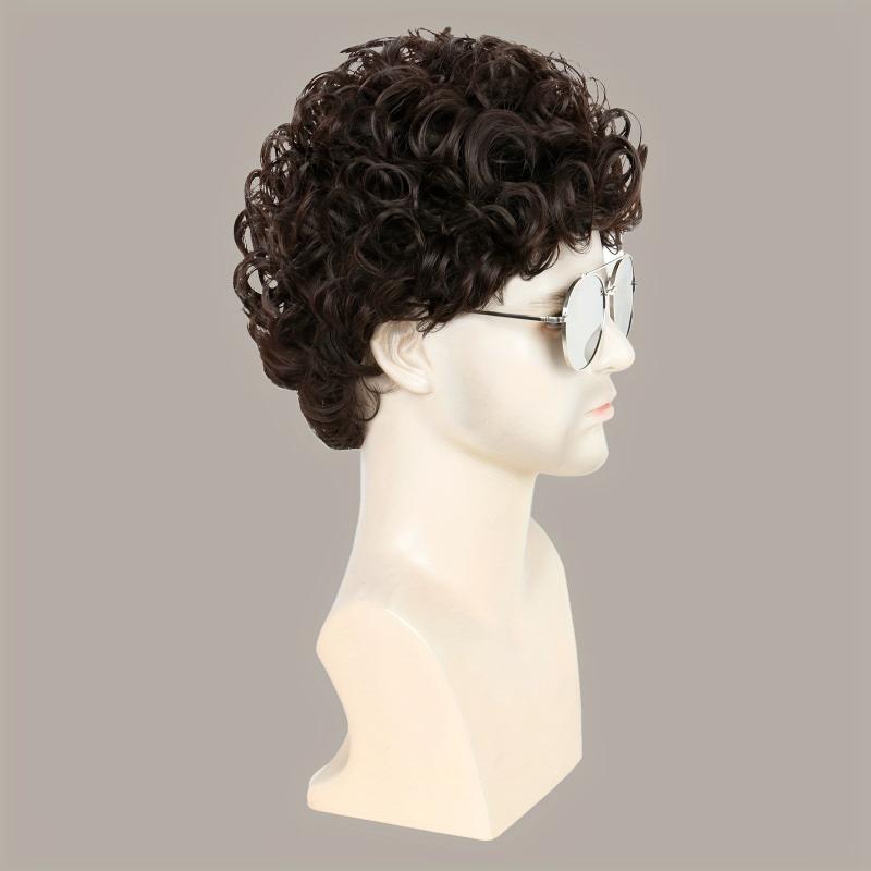 20 32 Cm Brown Short Curly Hair Wigs For Men - Fluffy Synthetic Wig for Party