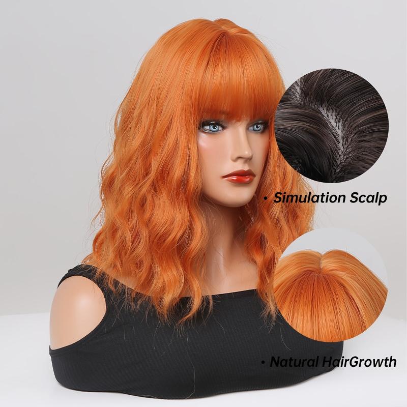 Orange Synthetic Bob Wig 16 Inch Short Wavy Style with Bangs