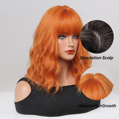 Orange Synthetic Bob Wig 16 Inch Short Wavy Style with Bangs