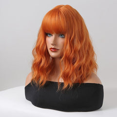 Orange Synthetic Bob Wig 16 Inch Short Wavy Style with Bangs