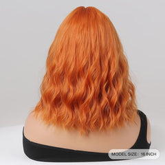 Orange Synthetic Bob Wig 16 Inch Short Wavy Style with Bangs
