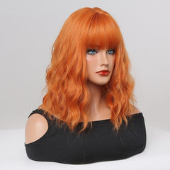 Orange Synthetic Bob Wig 16 Inch Short Wavy Style with Bangs
