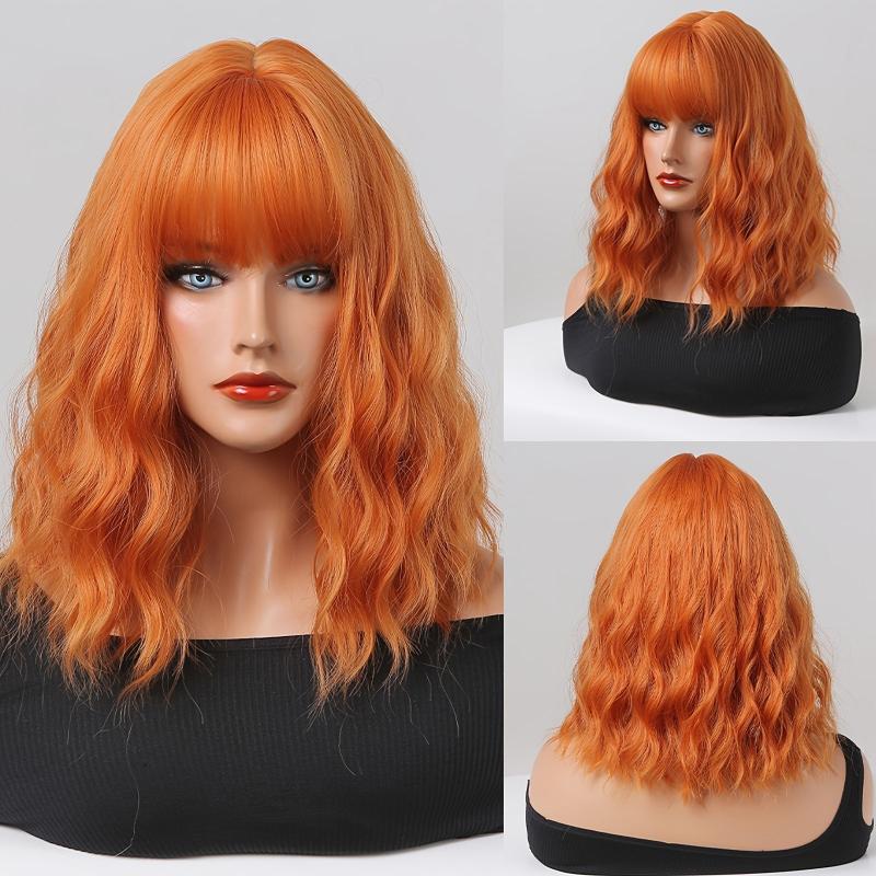 Orange Synthetic Bob Wig 16 Inch Short Wavy Style with Bangs
