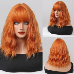 Orange Synthetic Bob Wig 16 Inch Short Wavy Style with Bangs