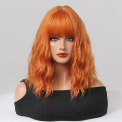 Orange Synthetic Bob Wig 16 Inch Short Wavy Style with Bangs
