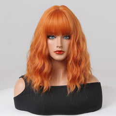 Orange Synthetic Bob Wig 16 Inch Short Wavy Style with Bangs