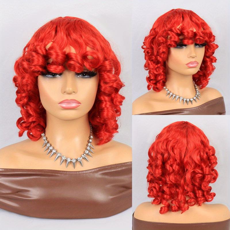 Short Curly Afro Wigs for Women Brown Kinky Curly Wigs with Side Bangs