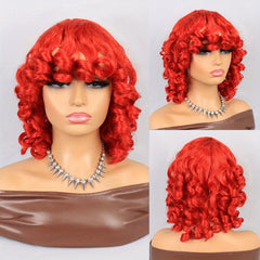 Short Curly Afro Wigs for Women Brown Kinky Curly Wigs with Side Bangs