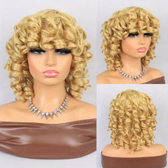 Short Curly Afro Wigs for Women Brown Kinky Curly Wigs with Side Bangs