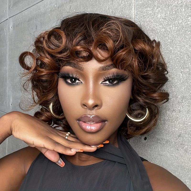 Short Curly Afro Wigs for Women Brown Kinky Curly Wigs with Side Bangs