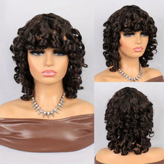 Short Curly Afro Wigs for Women Brown Kinky Curly Wigs with Side Bangs