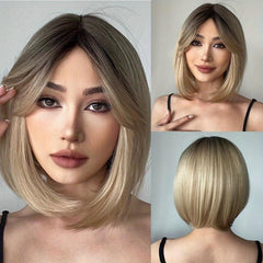 Gradient Golden Bob Hair Wig 25 4 Cm Bangs Short Daily Party Cosplay Halloween