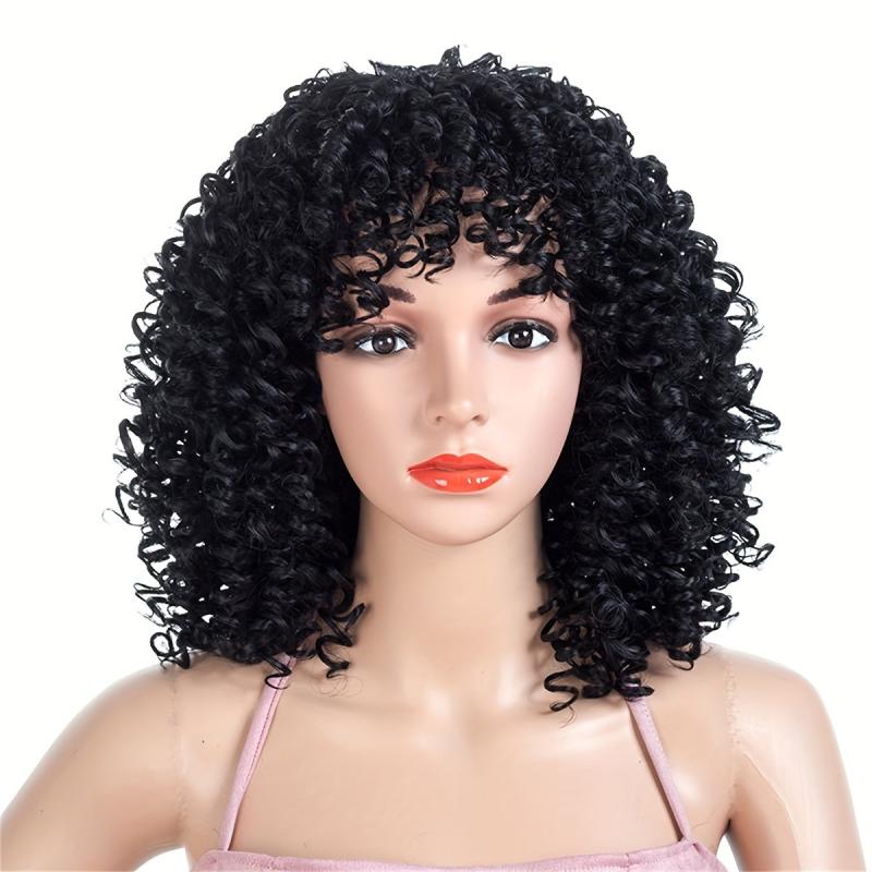 35 56 Cm Short Curly Fluffy Hair Wigs With Bangs For Women
