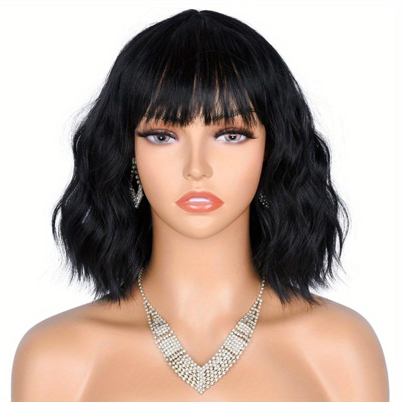 Short Bob Curly Wavy Hair Wigs With Bangs For Women