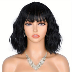 Short Bob Curly Wavy Hair Wigs With Bangs For Women