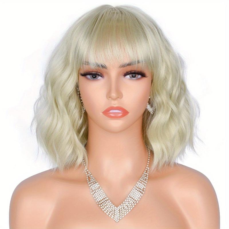 Short Bob Curly Wavy Hair Wigs With Bangs For Women