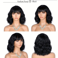 Short Bob Curly Wavy Hair Wigs With Bangs For Women