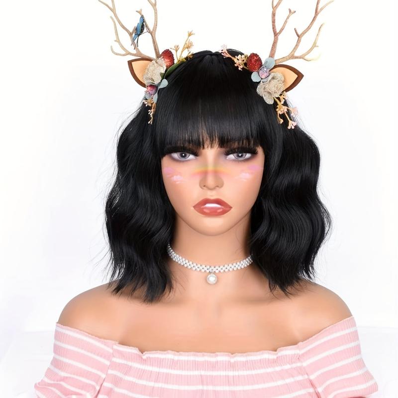 Short Bob Curly Wavy Hair Wigs With Bangs For Women
