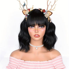 Short Bob Curly Wavy Hair Wigs With Bangs For Women