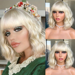Short Bob Curly Wavy Hair Wigs With Bangs For Women