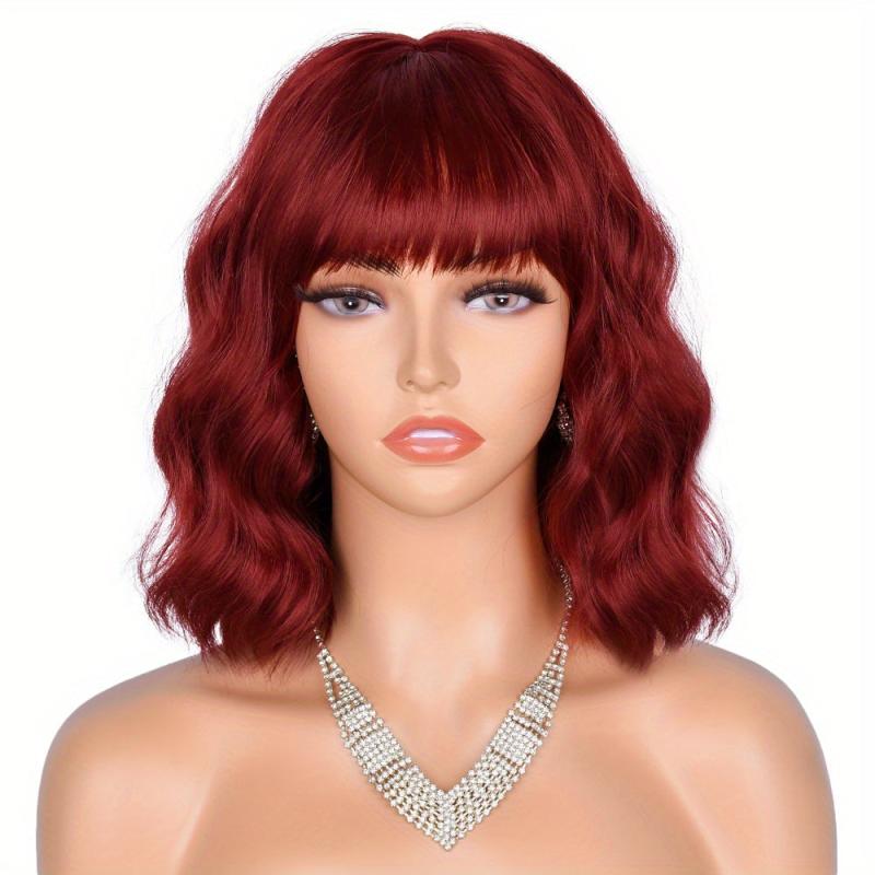 Short Bob Curly Wavy Hair Wigs With Bangs For Women