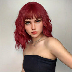 Red Short Curly Wavy Hair Wig with Bangs for Women - Synthetic Fiber
