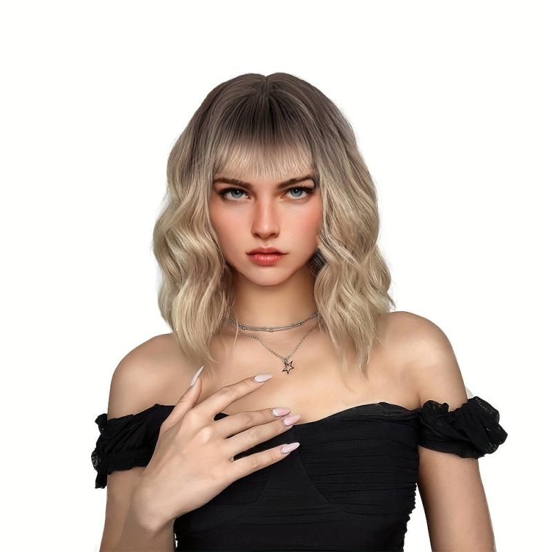 Red Short Curly Wavy Hair Wig with Bangs for Women - Synthetic Fiber